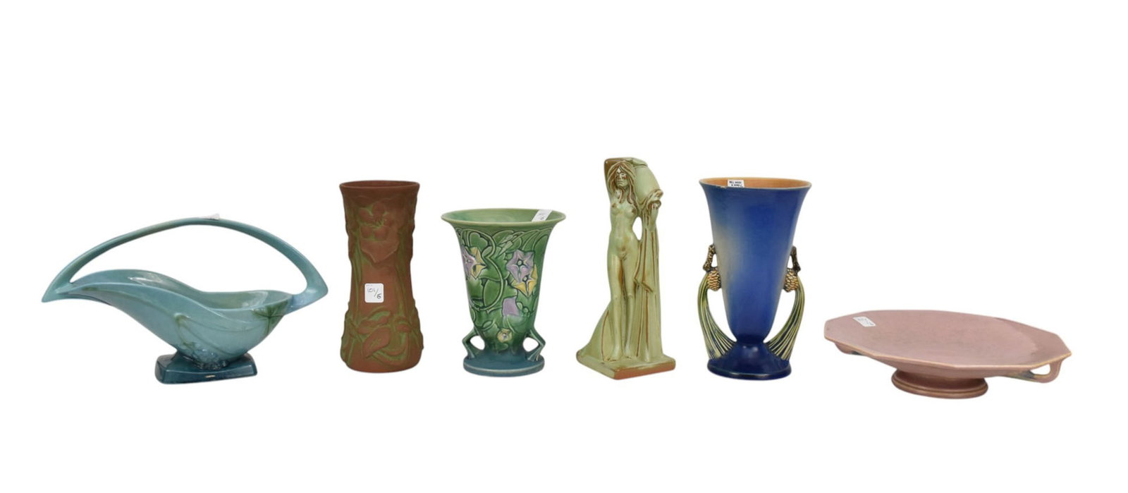 Lot of Art Pottery, Frankoma Nude (12"h), Peters & Reed Vase (10 1/2"h), Roseville Blue Basket, 9"h: Lot of Art Pottery, Frankoma Nude (12"h), Peters & Reed Vase (10 1/2"h), Roseville Blue Basket, 9"h x 13"w (crack in handle), Roseville Morning Glory Vase (8 1/2"h), Roseville Pinecone Vase (10 1/2"h)