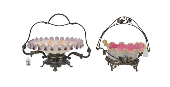 2 Victorian Wedding Baskets, Each with Silverplate Frames, Ruffled Rim Glass Insert Bowls, One is