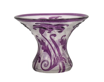 Antique Webb Vase, Flared Rim, Purple Cameo Cut on Clear Glass, 6 1/4"h x 8 1/2"d