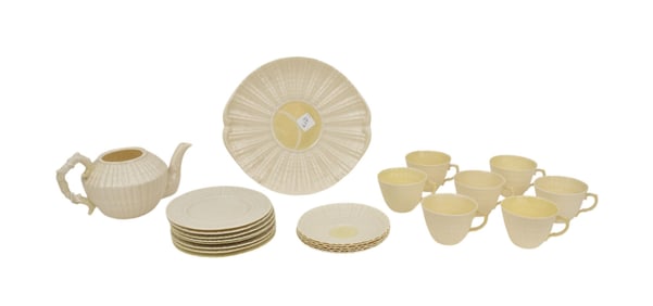 Belleek China, "Limpet" Neptune, 7 Teacups, Teapot (sans lid), 5 Saucers, 8 Desserts and Tray