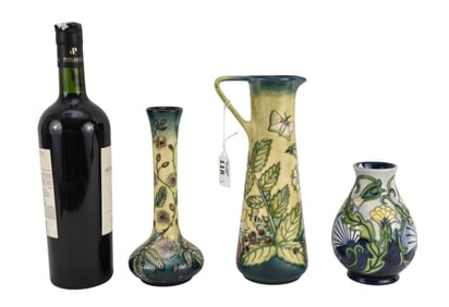 2 Moorcroft Vases & 1 Pitcher, Fiji 8"h, Roughawk's Beard 5 1/2"h and Pitcher Frait Garden 9 1/2"h