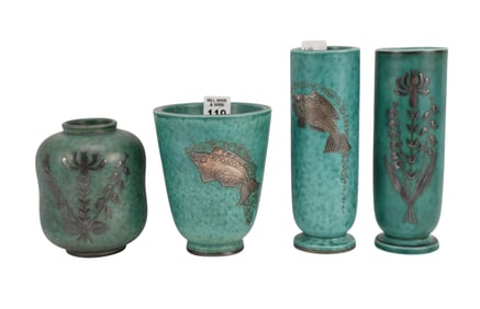 4 Gustavsberg Argenta Pottery Vases, Sweden, Fish, 2 Floral, Wilton Kage, Mid-Century, 7"h tallest,