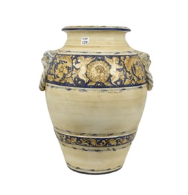 Large Italian Ceramic handpainted vessel with 2 figural rope designed handles, With cupids and