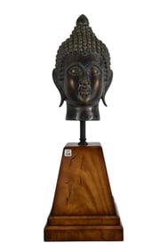 Large composition Buddha head on wood pedestal 35"high x 12" wide x 12" deep