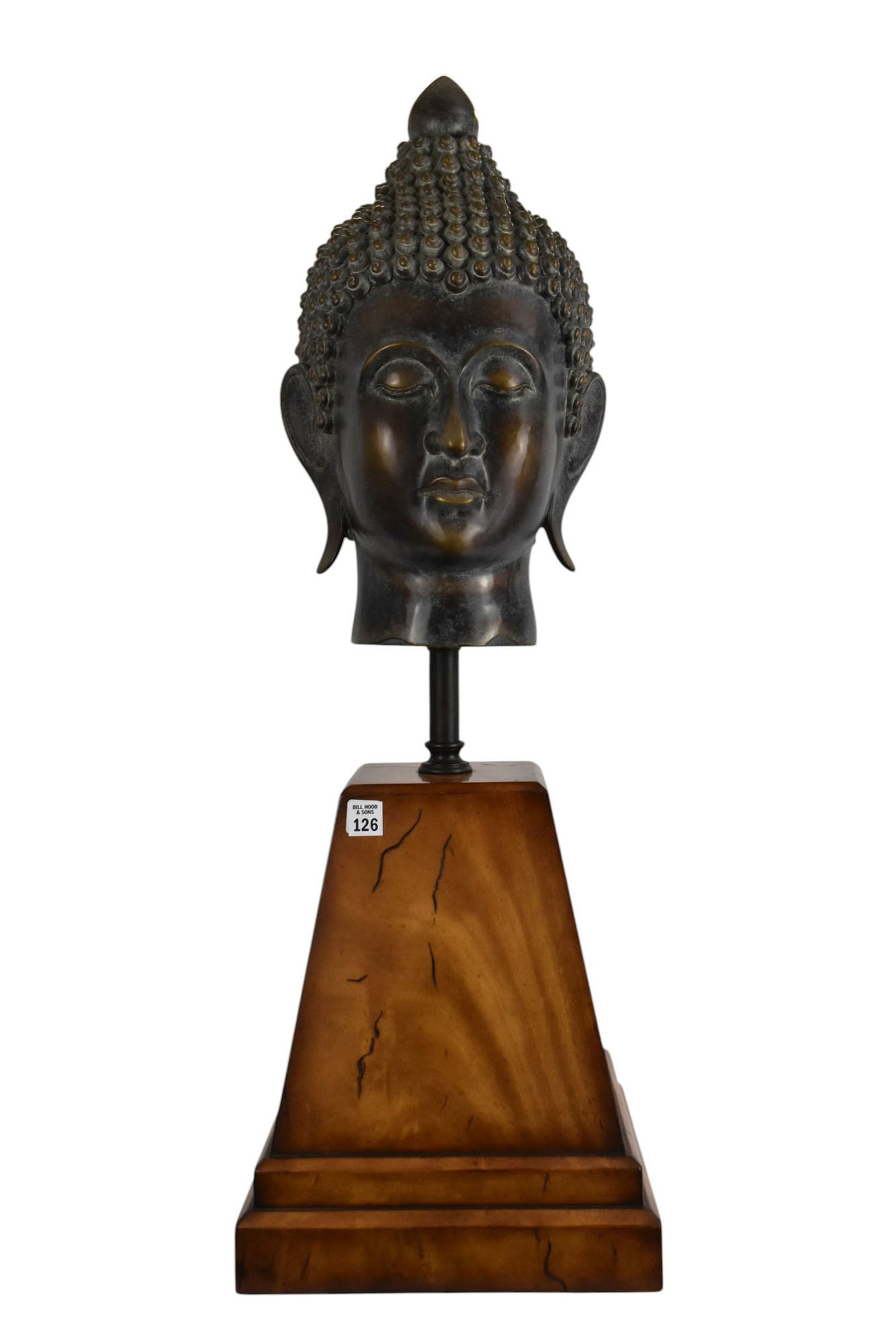Large composition Buddha head on wood pedestal 35"high x 12" wide x 12" deep (1 of 5)