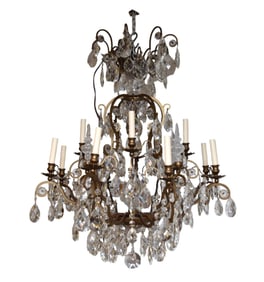 French 2 Tier Renaissance Style 12 Branch Chandelier, Prisms & Crystals, Approx. 38"h x30"w