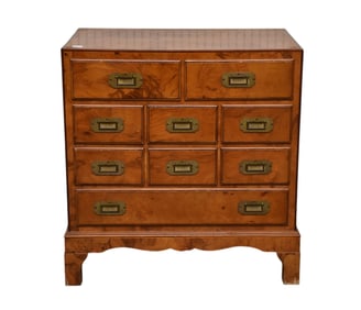 Campaign Chest, Burled Wood, 9 Drawers, Label Bamburgers, 27"h x 25"w x