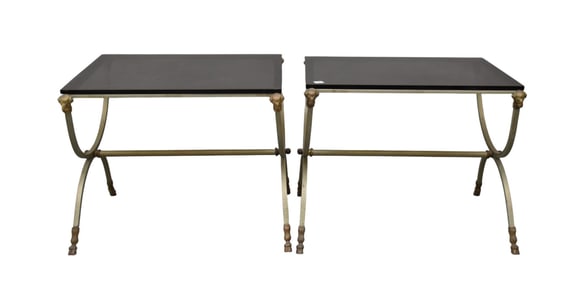 Pair Steel Frame Smokey Glass Top Side Tables with Bronze Ram Heads & Hoof Feet, 20"h x