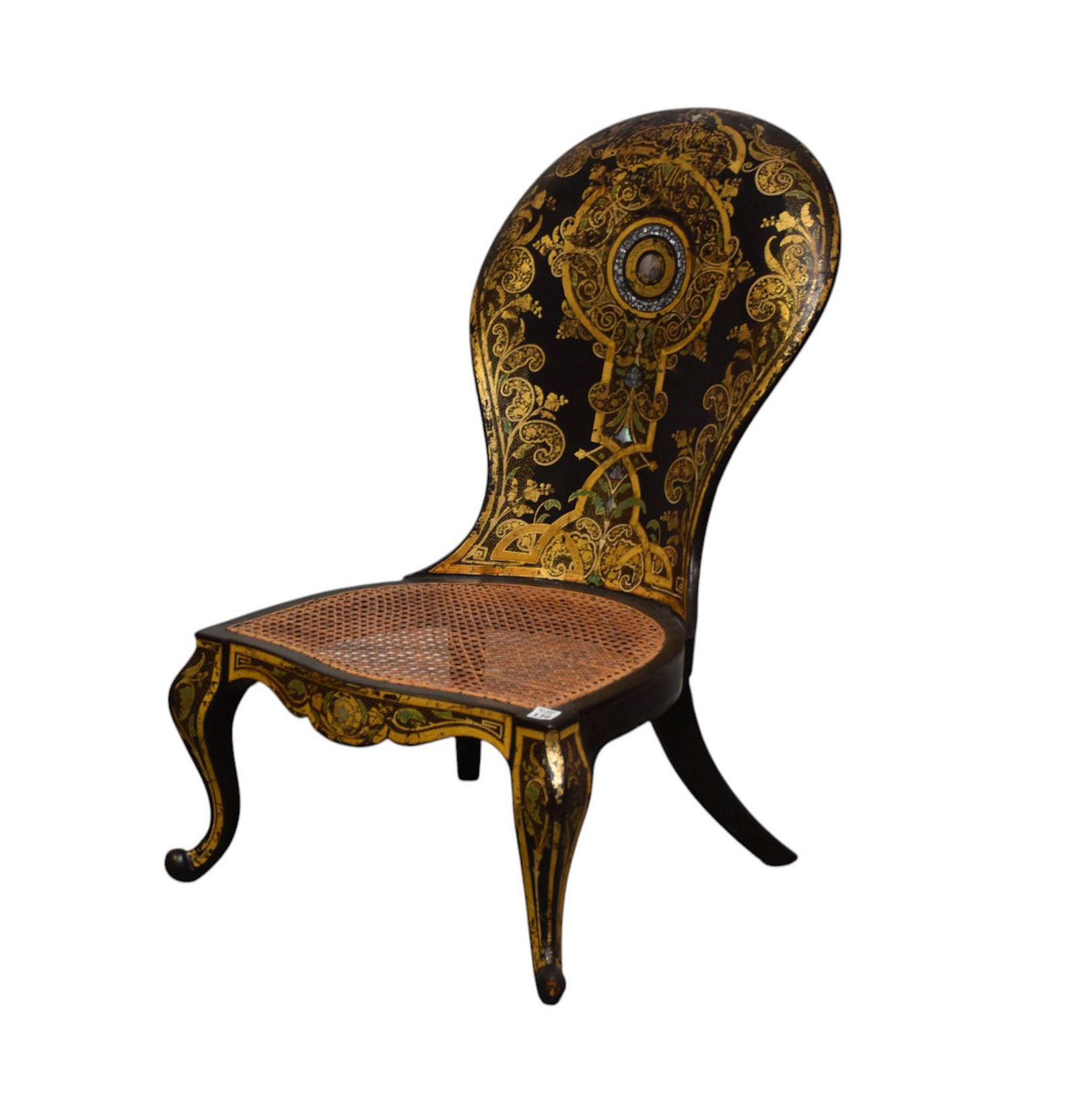 19th c. Black Lacquered Chair with Mother of Pearl Inlay, Overall Gilded Design, Balloon Back & (1 of 5)