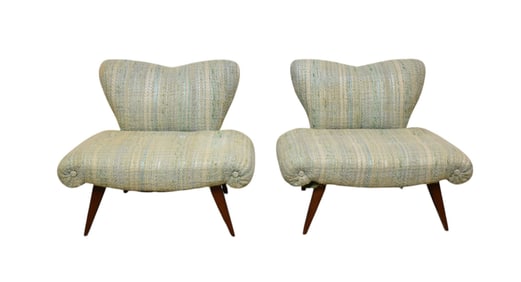 Pair Mid-Century Tweed Upholstered Slipper Chairs - C. 1950s-60s. Probably Scandinavian. A pair of