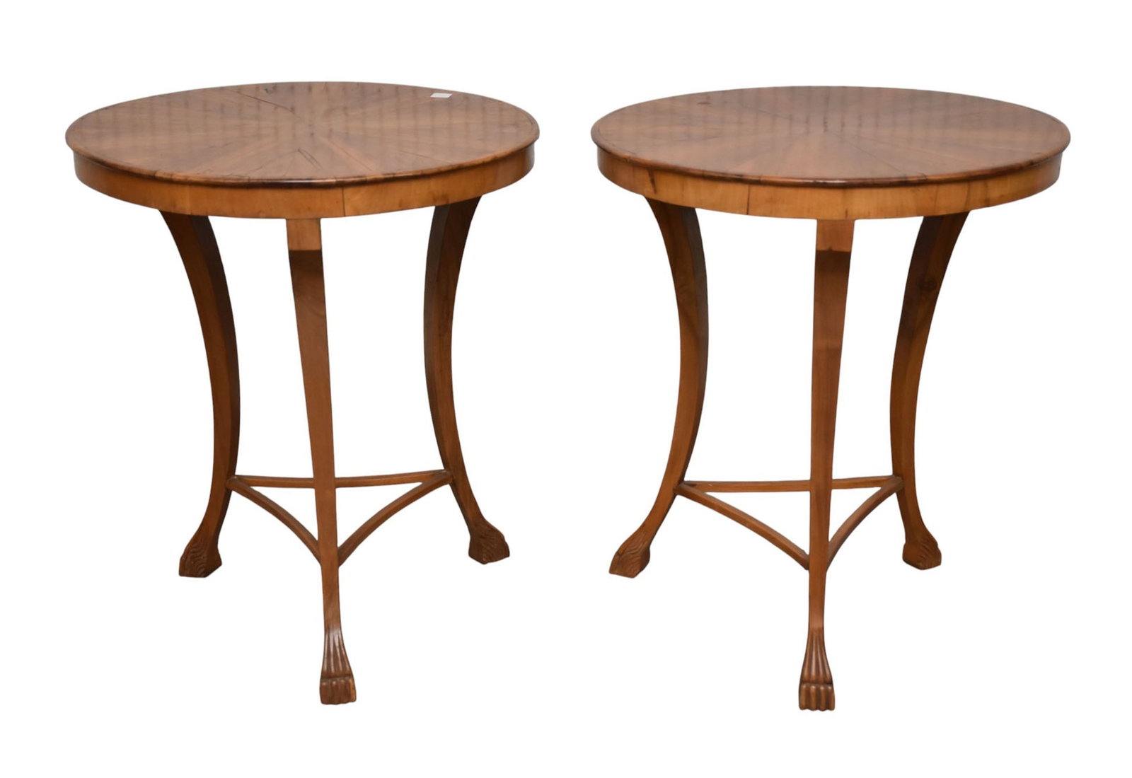 Pair 19th c. Italian Round Inlay Tables on Trifed Bases on Hoof Style Feet, 26 1/2"h x 23"d (some: Pair 19th c. Italian Round Inlay Tables on Trifed Bases on Hoof Style Feet, 26 1/2"h x 23"d (some wear to surfaces) ***If this item is not picked up by the Friday following the auction, it will be mov