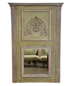 French 19th c. Carved & Painted Architectural Panel Above Framed Mirror, 68"H x