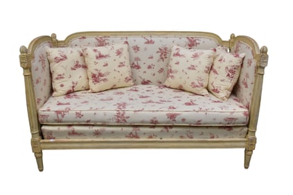 French Louis 19th c. Painted Day Bed, French Upholstery with Red Floral on White Ground, 38"h x