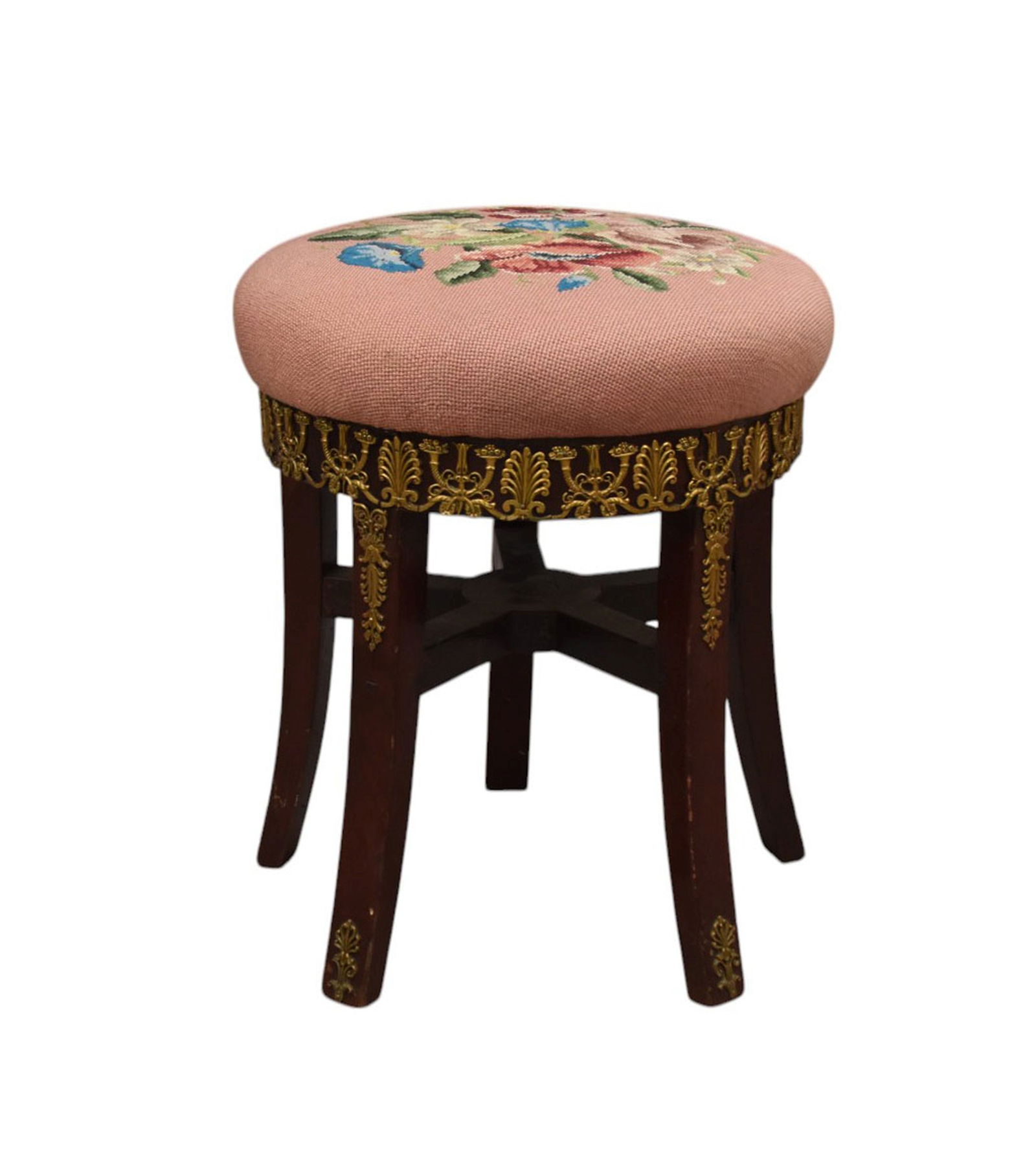 Bronze mounted round stool with needlepoint top, 20h x 17 inch diameter. (1 of 6)