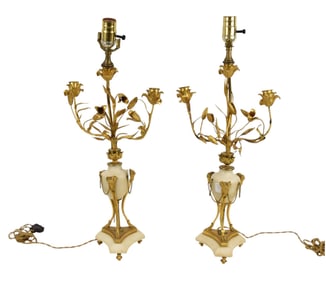 Pair French C.1900 Bronze and Marble Electrified Candelabras on Trifed Bases, Needs Repair, 24"h