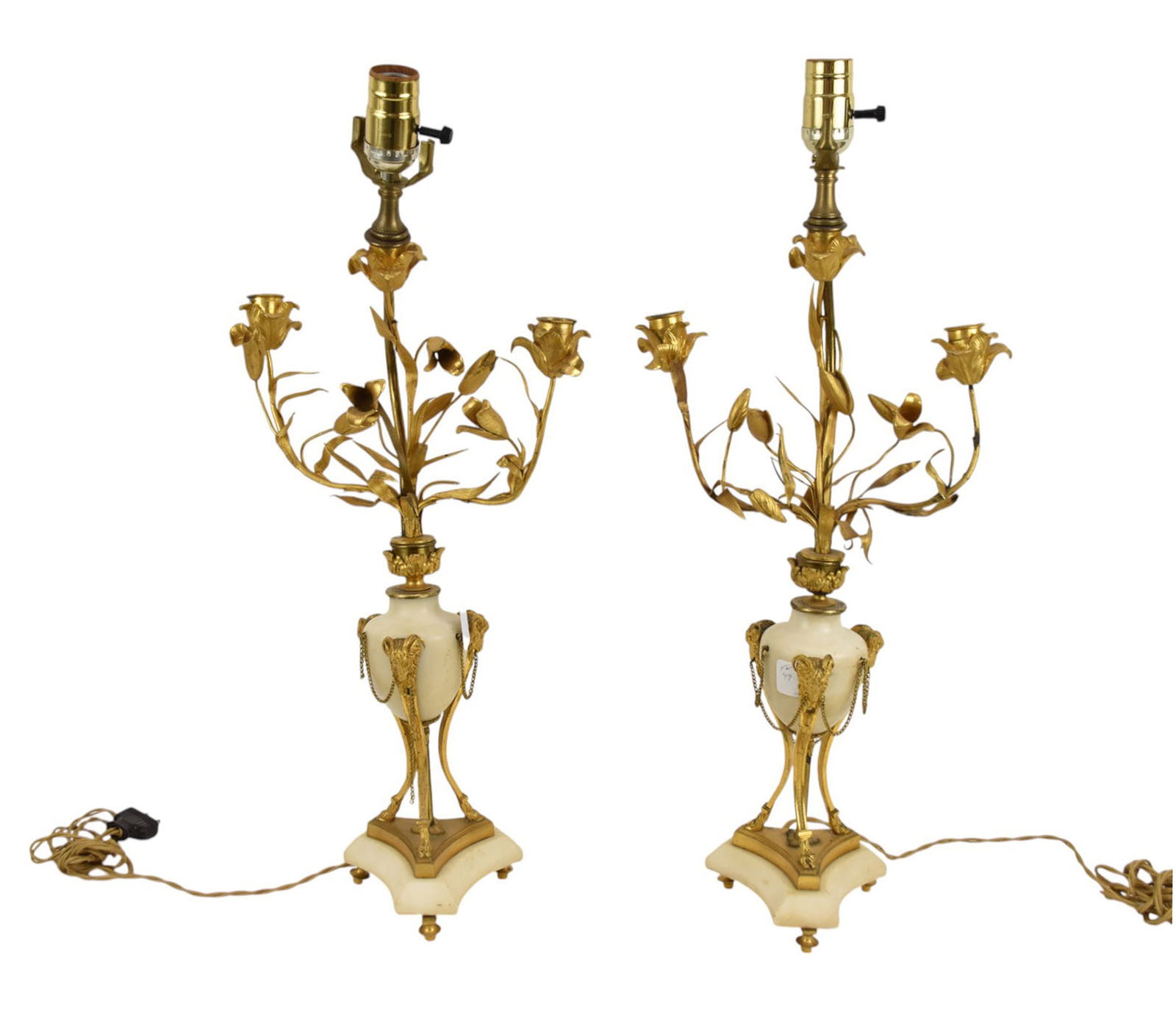 Pair French C.1900 Bronze and Marble Electrified Candelabras on Trifed Bases,  Needs Repair, 24"h (1 of 8)