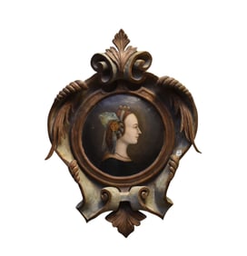 French 19th c. Carved & Painted Plume and Feather Frame Surrounding Round Raised Painted Portrait,