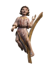 18th C. Carved Chippy & Painted Figure Attached to Architectural Remnant, Probably From A Church,