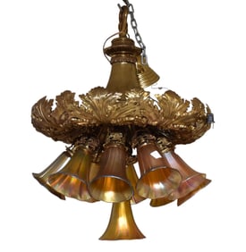 Antique Gilt Bronze 10 Light Chandelier with Queazal Art Glass Shades, 30"h x 22"w