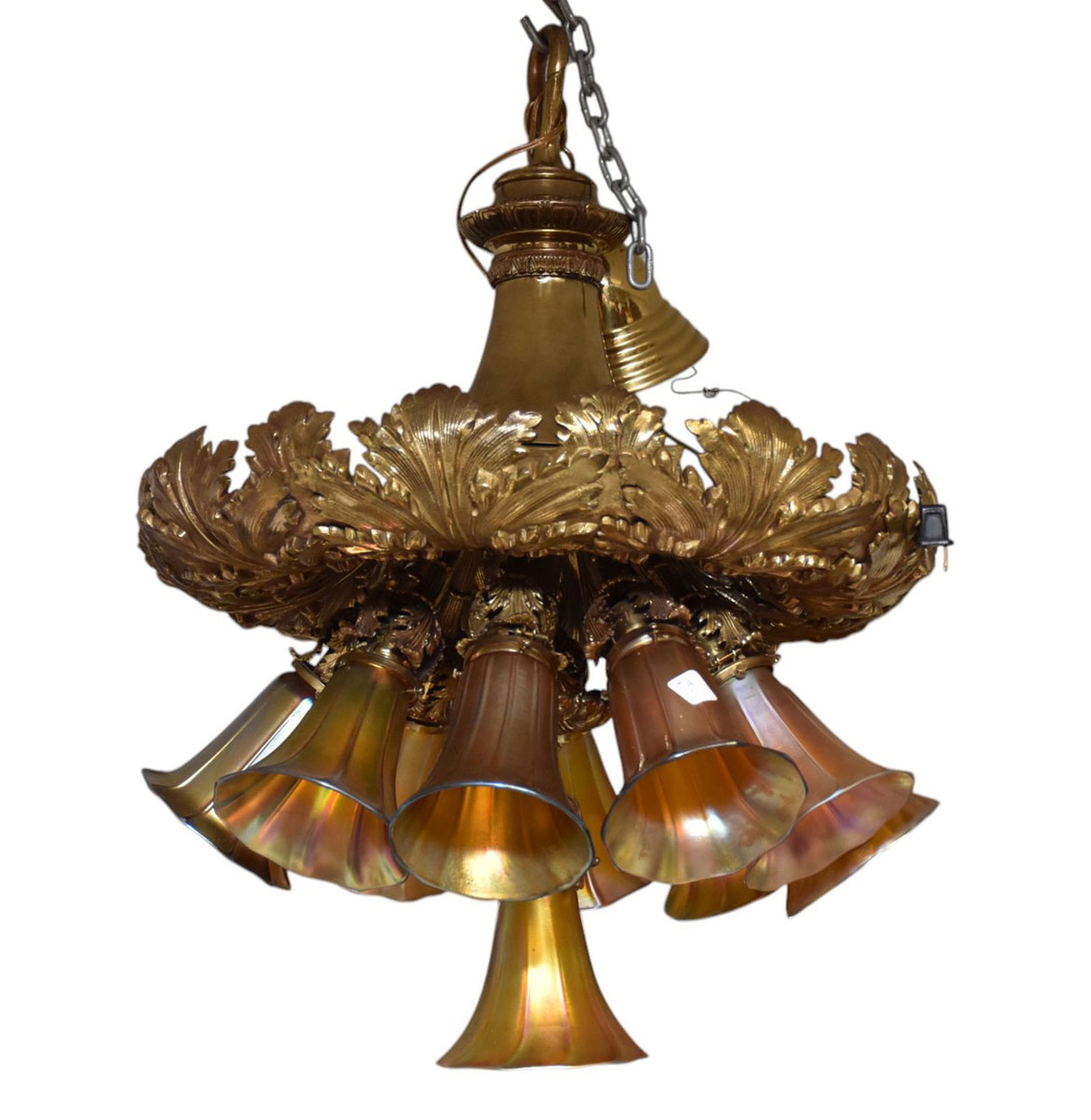Antique Gilt Bronze 10 Light Chandelier with Queazal Art Glass Shades, 30"h x 22"w (1 of 8)