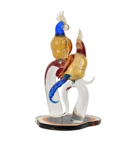 Murano Art Glass Grouping, 2 Cockatoo's, Gold Fleck Accents, Signed Oscar Zanetti, 26"h x (13"w
