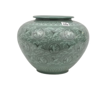 Asian Jardinière Celadon Background with Flying Cranes and Cloud Motif, 9"h x 6"d