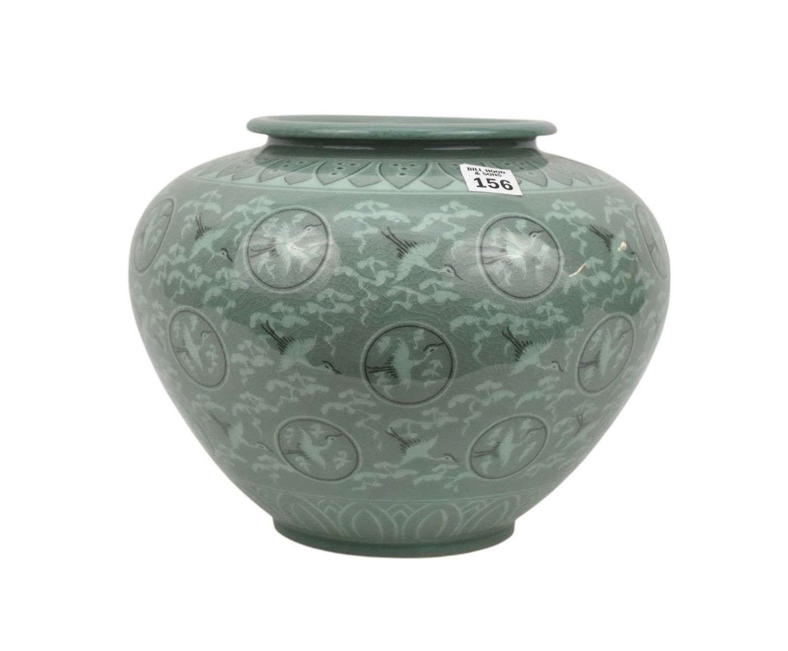 Asian Jardinière Celadon Background with Flying Cranes and Cloud Motif, 9"h x 6"d: Asian Jardinière Celadon Background with Flying Cranes and Cloud Motif, 9"h x 6"d