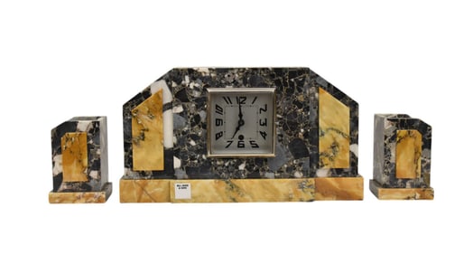 3 Pc. French Deco Marble Garniture Clock Set, Marked B.Jours, with Replaced Works, 9"h x 15"w