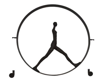 Giacometti Style Patinated Metal Figure in wheel wall sculpture. 30" dia x 2.5" deep