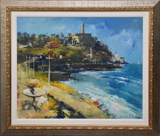 Jerusalem coastal scene Kim Tkatch (b. 1963.) oil on canvas, Jaffa Coastline. 31 x 40 inches.