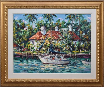 Ihor Korotash (b.1957) oil on canvas, tropical house with boat docked in front, heavy Impasto, 30