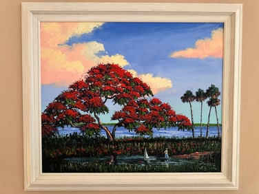 MARK STANFORD FLORIDA ARTIST ROYAL POINCIANA TREE. 20 x 24 palett knife