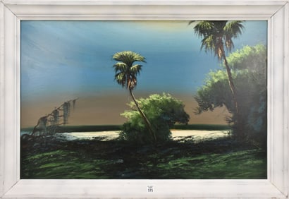 Florida highwaymen painting by Al Hair- moonlight river with palm tree’s, Vintage oil on Upson
