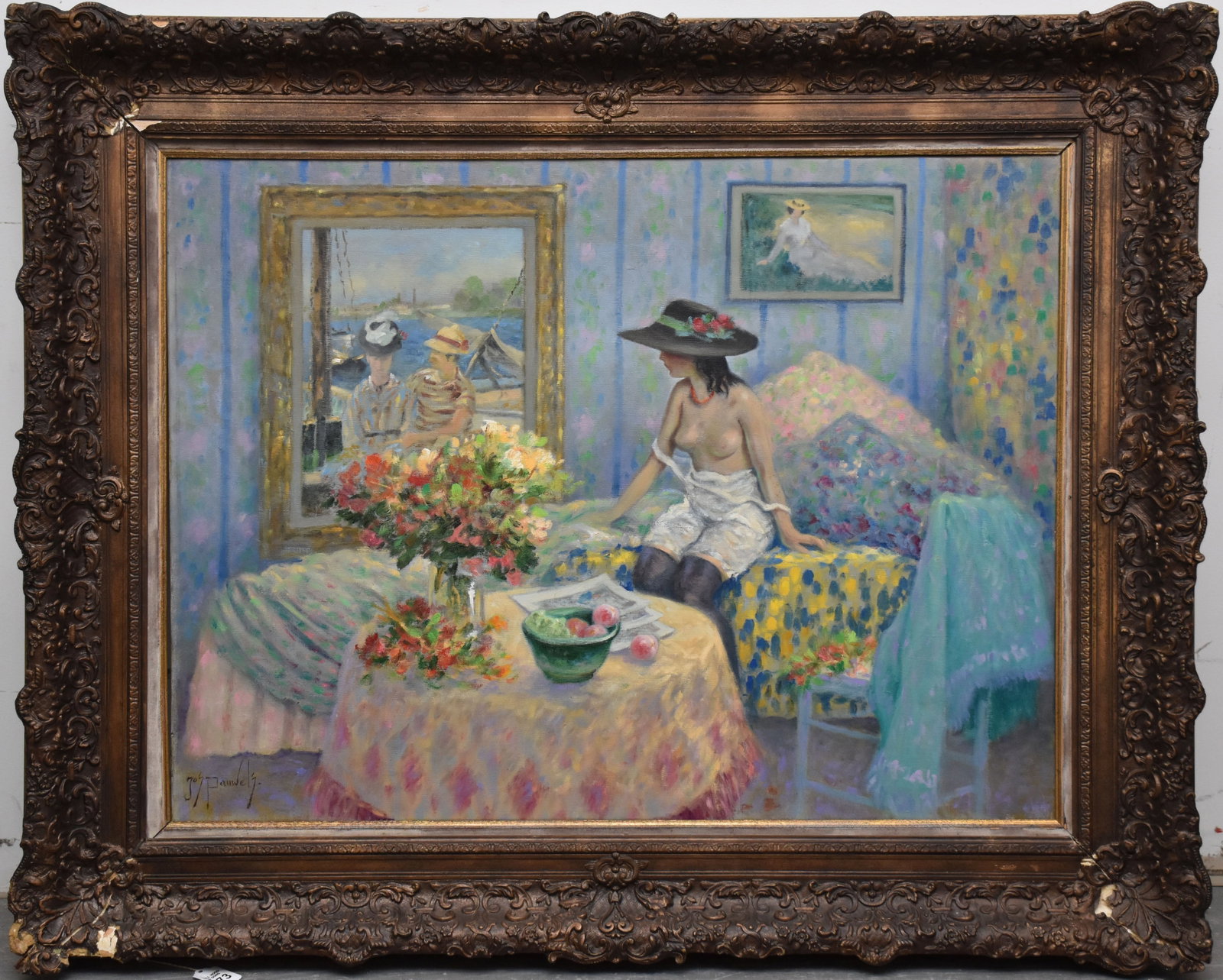 JOS PAUWELS (Belgian 1918-1976) Untitled Oil on canvas, Depicts a seated female nude figure in an: JOS PAUWELS (Belgian 1918-1976) Untitled Oil on canvas, Depicts a seated female nude figure in an interior, observing a painting, Signed lower left “Jos Pauwels” H. 23 ½” x W. 31&