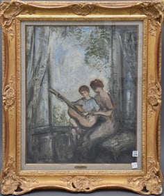 PIERRE LAPRADE (French 1875-1931) The Music Lesson oil on panel, Depicts a young boy playing a cello