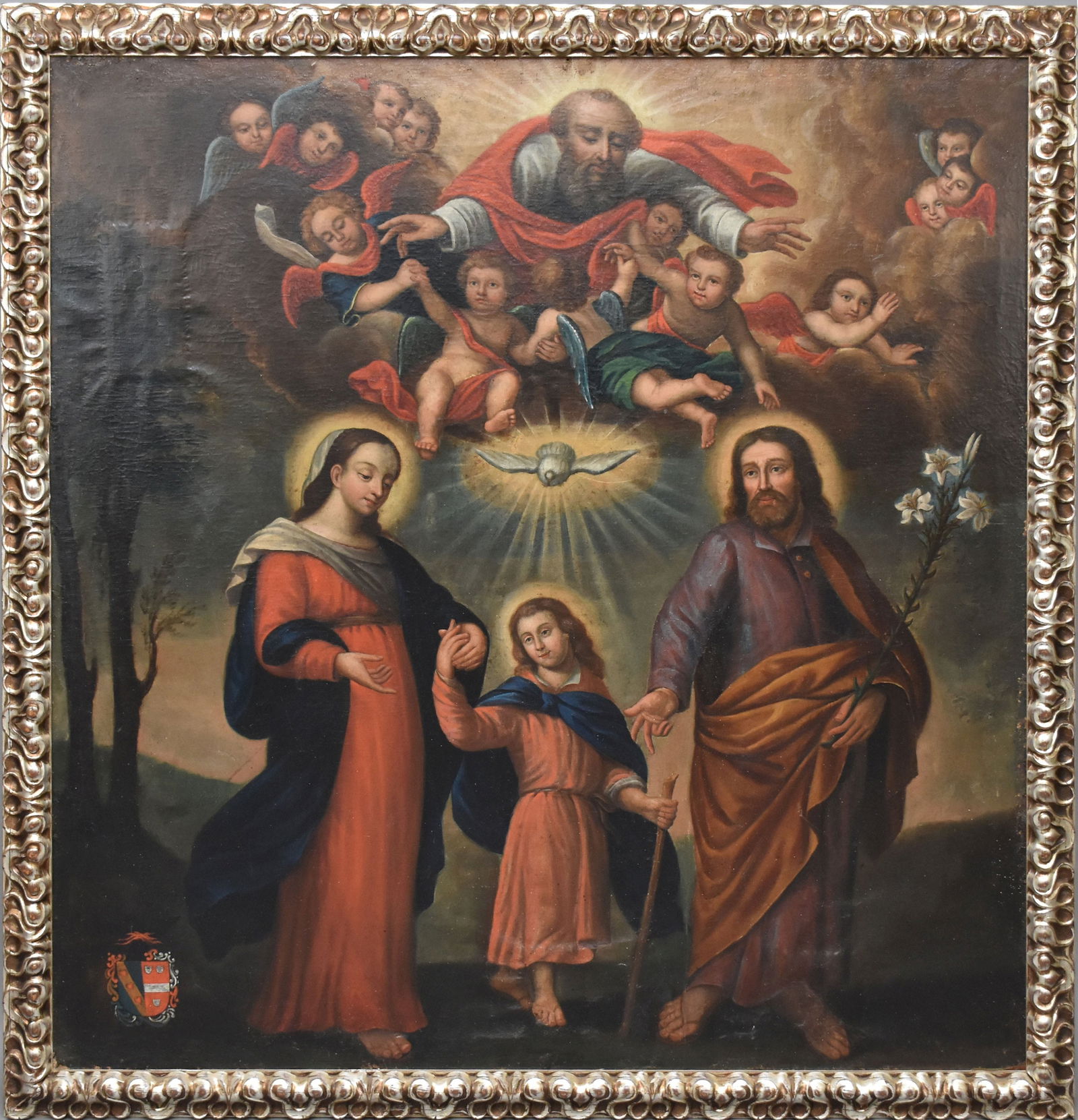 Continental Baroque 'The Holy Family' Oil on Canvas, 17th/18th Century - Continential Europe,: Continental Baroque 'The Holy Family' Oil on Canvas, 17th/18th Century - Continential Europe, probably Spain. After Bartolome Esteban Murillo "The Two Trinities". Religious depiction of the heavenly a