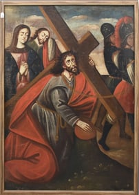 Large Antique 'Stations of the Cross' Oil on Canvas, 18th/19th century. Depicting Christ carrying
