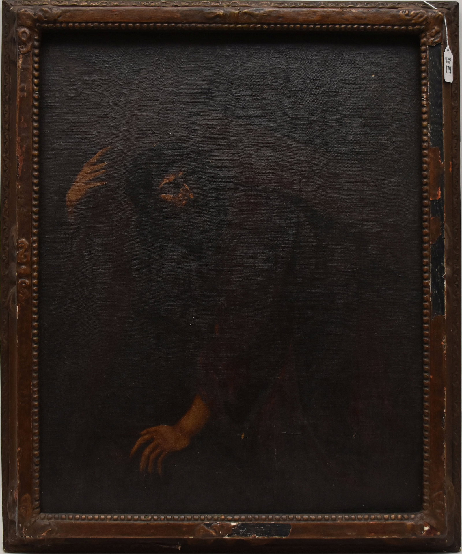 Antique oil on canvas laid down on board, Christ carrying Cross, 23 x 19“ overall frame size 27: Antique oil on canvas laid down on board, Christ carrying Cross, 23 x 19“ overall frame size 27 1/4 x 23-3/4 inches