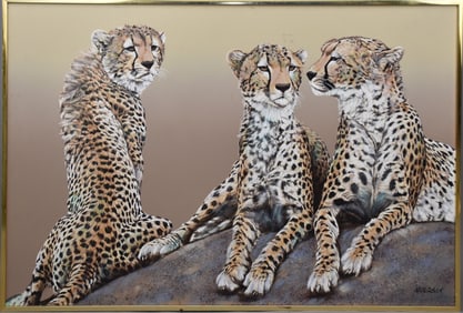 Large acrylic on canvas, realistic wildlife painting depicting three cheetahs. Signed "Anderson"