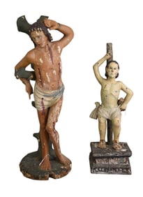 Two 19th C. Saint Sebastian Polychromed Wood Statues - Wood, polychrome pigments. Two Continential