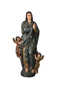 Antique Virgin with Two Angels Sculpture, Andalusian School - Spain. 18th/19th Century. Wood, gesso,