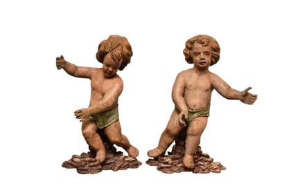 Pair 18th Century Continental Polychrome Carved Wood Putti Figures - French or Italian. Wood,