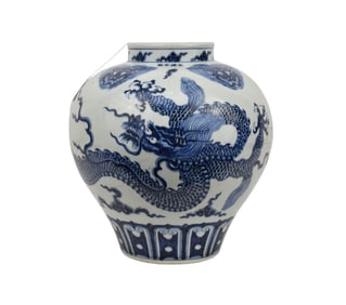 Large Blue & White Porcelain Dragon Jar, Xuande Mark - A large Chinese porcelain jar or vase.