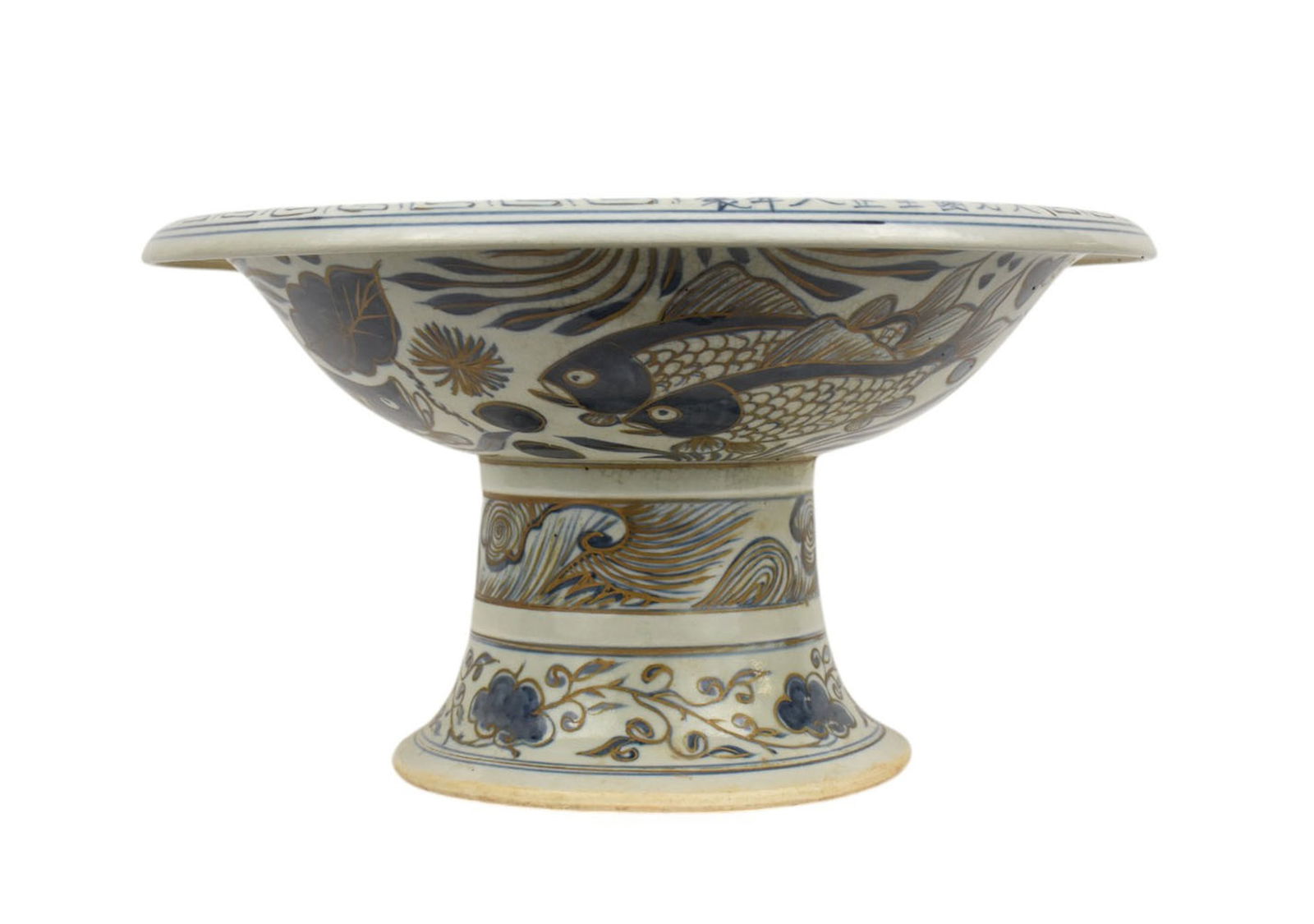 Large Blue & White Porcelain Pedestal Bowl, Fish Motif - A large Chinese porcelain bowl on a raised (1 of 8)