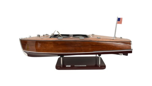 Chris Craft Cobra Boat Model, Label on Stand Pro Boat Classic Runabout, 8"h x 29"L (stains on seats)