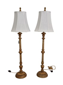 Pair Decorative Gilded Candlestick Form Table Lamps, 34"h