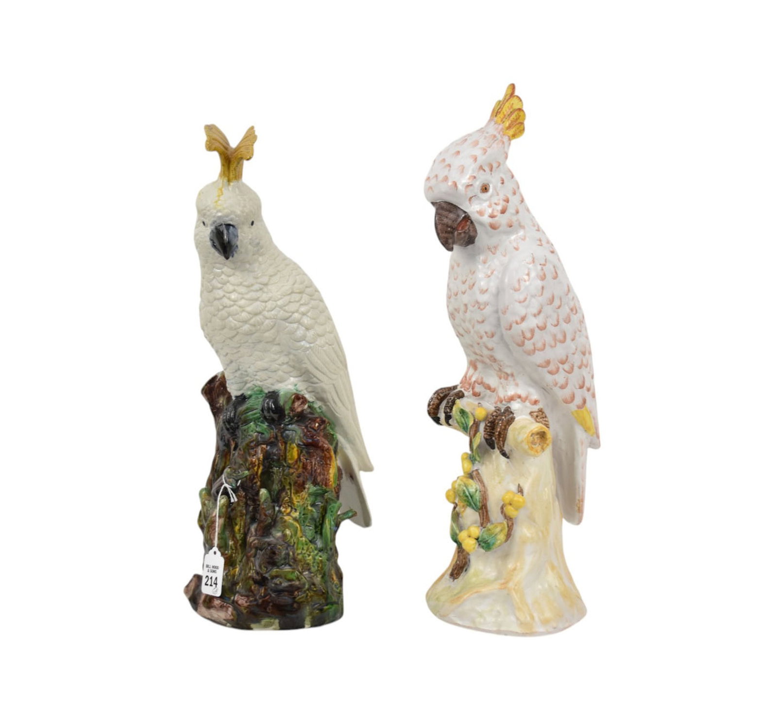 2 Ceramic Cockatoo's on Perches & Rocks, Glazed Painted, 17"h: 2 Ceramic Cockatoo's on Perches & Rocks, Glazed Painted, 17"h