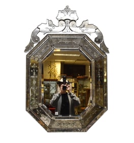 Vintage Venetian Glass Octagonal Framed Beveled Mirror, 49"h x 32"w