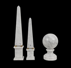 2 White Carrara Marble Obelisks with painted Gold Ball Accents (21"h & 27"h) AND White Carrara