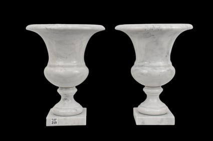Pair White Carrara Marble Urns, 14 1/2"h x 12"dia